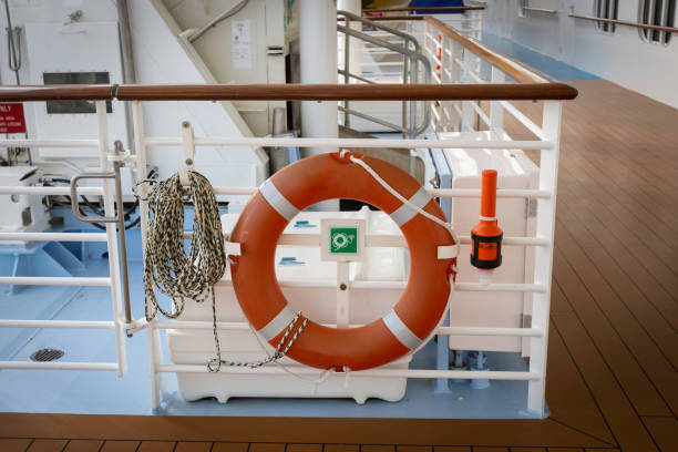 Safety buoy on ship stock photo