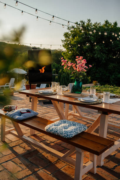 istock Dining table ready to serve lunch in beautiful backyard 1342813405