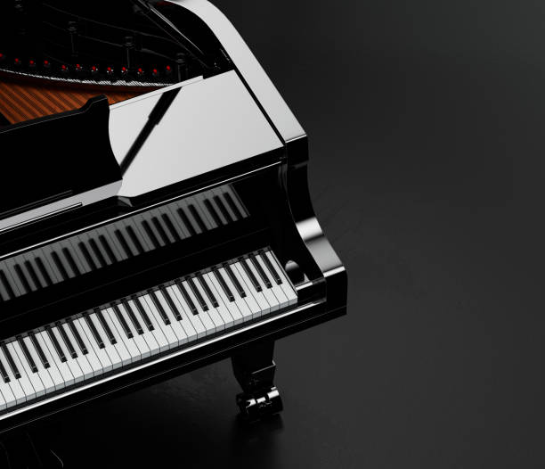 istock Music instriument, black grand piano in a dark studio, 3d rendering 1342815606