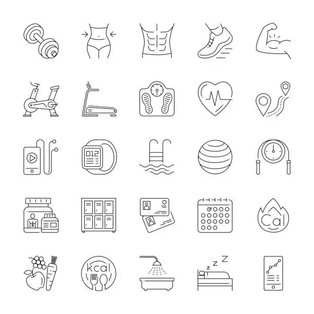 Vector illustration of Workout and fitness line icon set