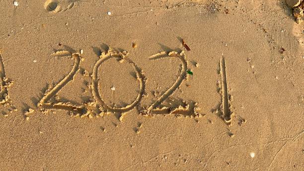 istock Year 2021 written on sand beach 1342817386