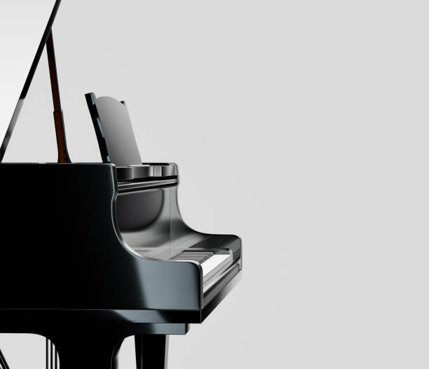 istock Music instriument, black grand piano in a dark studio, 3d rendering 1342817420