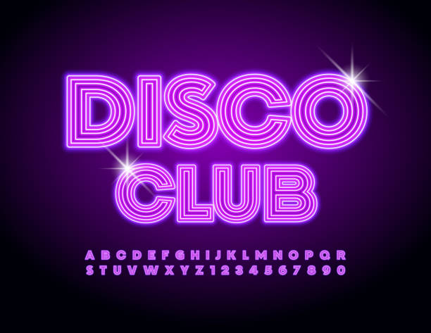 vector trendiger banner disco club. neon alphabet buchstaben und zahlen set - disco stock-grafiken, -clipart, -cartoons und -symbole