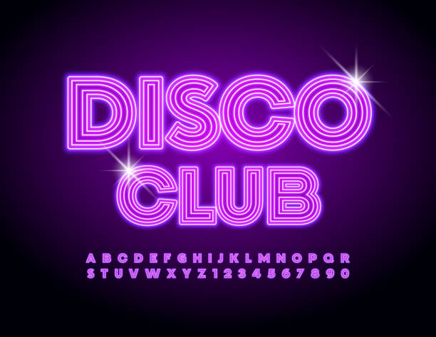 ilustraciones, imágenes clip art, dibujos animados e iconos de stock de vector trendy banner disco club. conjunto de letras y números del alfabeto de neón - disco dancing