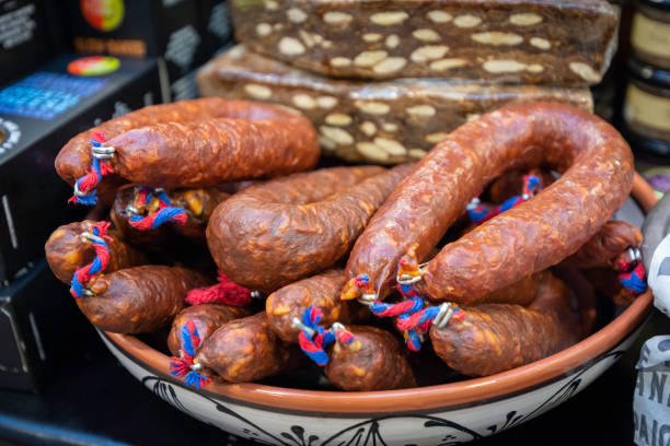 Handmade sausages stock photo