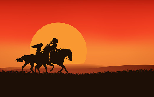 native american chief and beautiful woman riding horses over sunset land - wild west grass prairie vector silhouette design