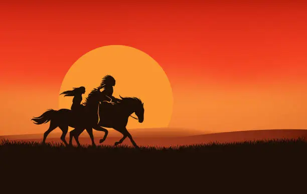 Vector illustration of native american man and woman riding horses at sunset vector silhouette outline