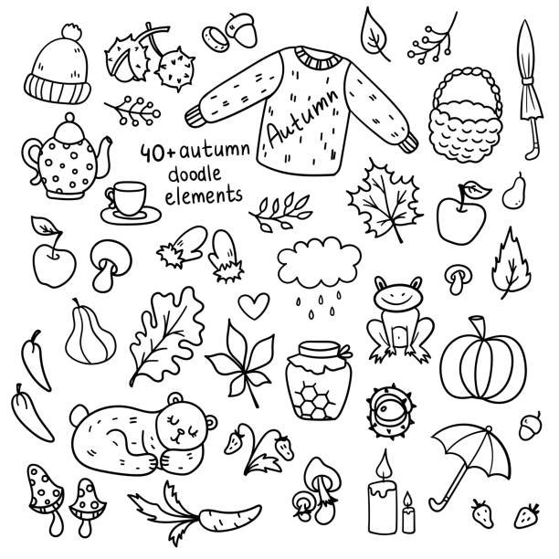 ilustrações, clipart, desenhos animados e ícones de conjunto vetorial de elementos de rabisco de outono desenhados à mão. - apple vegetable crop tree