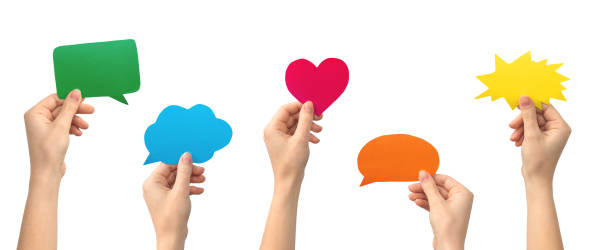 istock Group of speech bubble text message theme, hands with papper text box, isolated on a white background, banner 1342820485
