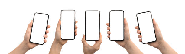 istock Set of hand with mobile phone mockup blank white screen mockup with copy space, isolated on a white background, banner design photo 1342820498