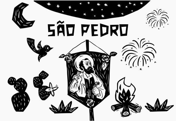 Saint Peter standard, brazilian party. Standard of Saint Peter in woodcut and Cordel style. For June and July parties. Bonfire and fireworks. woodcut stock illustrations