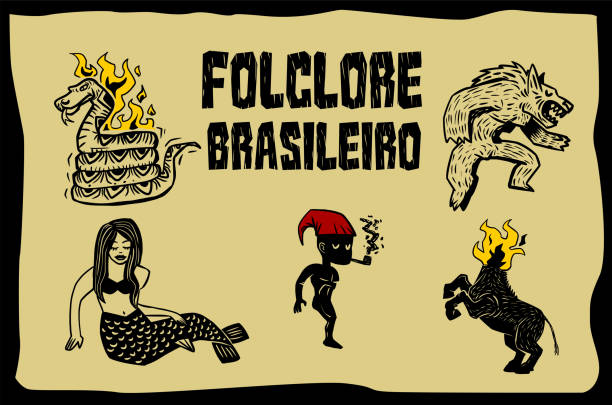 Brazilian folklore characters set. Brazilian folklore characters set. Illustration in woodcut style. tradition stock illustrations