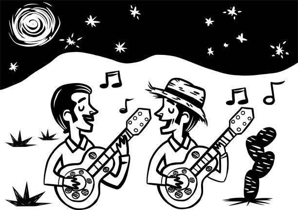 Woodcut-style illustration of guitar players from São João festivals. Woodcut-style illustration of guitar players from São João festivals. Brazilian singers with northeastern scenery. Cactus and Cordel literature. northeast stock illustrations