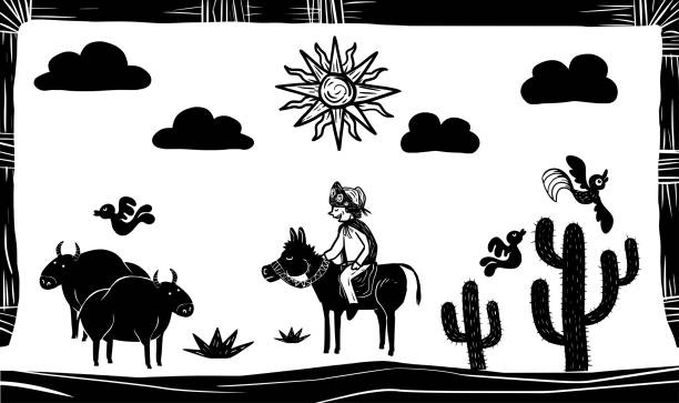 ilustraciones, imágenes clip art, dibujos animados e iconos de stock de ganaderos del noreste brasileño y aves en el desierto. - literature