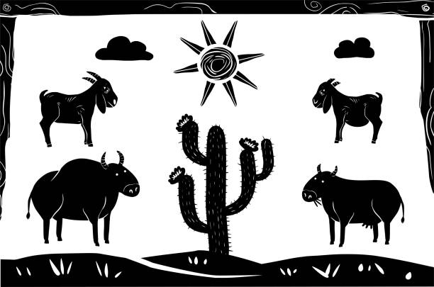 ilustrações de stock, clip art, desenhos animados e ícones de cattle in a desert setting. woodcut-style illustration - woodcut