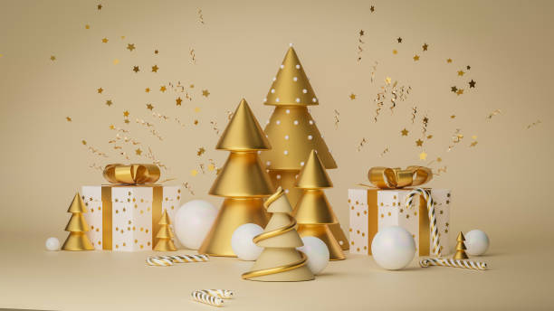 istock Merry Christmas and Happy New Year. Xmas Festive background with realistic objects. Composition shape christmas tree. Holiday elements, 3d render and realism. Greeting card, banner, web poster. 1342821096