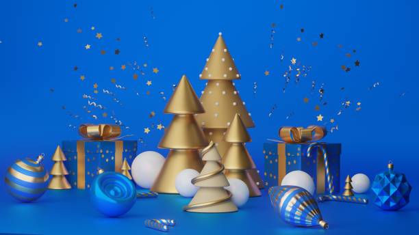 istock Merry Christmas and Happy New Year. Xmas Festive background with realistic objects. Composition shape christmas tree. Holiday elements, 3d render and realism. Greeting card, banner, web poster. 1342821635