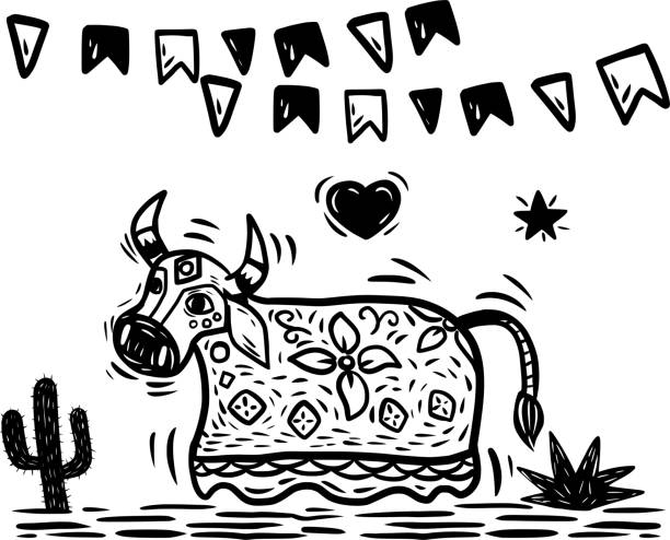 ilustrações de stock, clip art, desenhos animados e ícones de brazilian traditional party. boi bumbá in woodcut and twine literature style. - woodcut