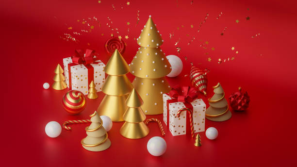 istock Merry Christmas and Happy New Year. Xmas Festive background with realistic objects. Composition shape christmas tree. Holiday elements, 3d render and realism. Greeting card, banner, web poster. 1342822749