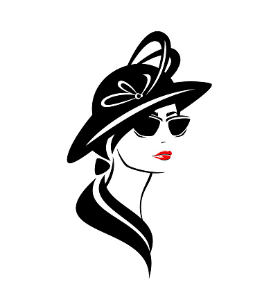 elegant woman wearing retro style hat with feather decor and stylish sunglasses - glamour and beauty concept vector portrait