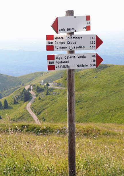 arrows for the indications of the mountain paths with many names of the Italian localities near Monte Grappa in Italy arrows for the indications of the mountain paths with many names of the Italian localities near Monte Grappa in northern Italy trailblazing stock pictures, royalty-free photos & images