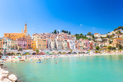 Menton, mediterranean sea on cÃ´te d'azur in France, historic architecture near turistic beach