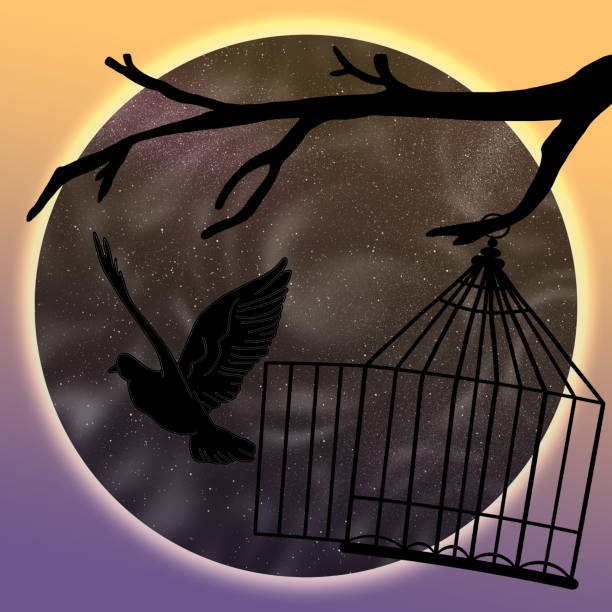 istock Beautiful illustration demonstrating sense of freedom. Bird leaving cage 1342844490