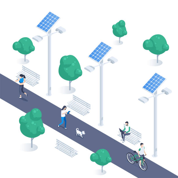 park lighting isometric vector illustration on white background, lamppost with solar battery in the park, people with gadgets rest in nature, green energy solar street lights stock illustrations