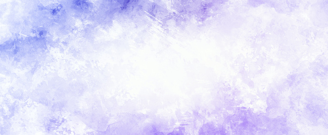 blue purple and white background of watercolor clouds texture, abstract painted white smoke or fog center design,  watercolor painted blobs on  pastel blue purple border, no people, soft lilac lavender and violet colors in springtime or Easter background illustration