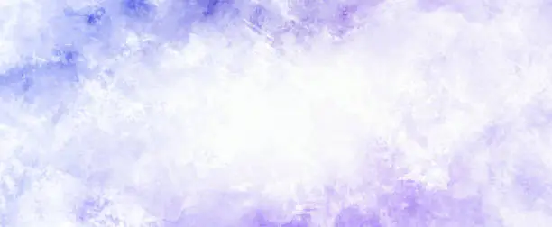 Photo of blue purple and white background of watercolor clouds texture, abstract painted white smoke or fog center design,  watercolor painted blobs on  pastel blue purple border