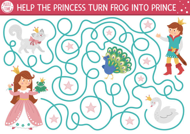 ilustrações de stock, clip art, desenhos animados e ícones de fairytale maze for kids with fantasy characters. magic kingdom preschool printable activity with swan, peacock, cat, crown. fairy tale labyrinth game or puzzle. help princess turn frog into prince - swan princess cartoon crown