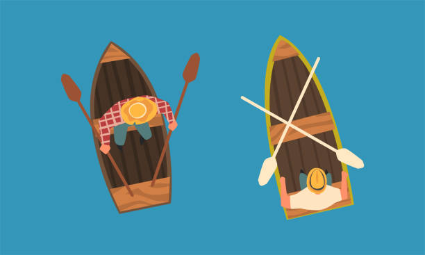 istock Man Rowing Boat with Paddle or Oar Drifting on Blue Surface of Water Above View Vector Set 1342846991