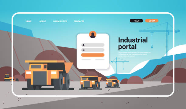 industrial portal website landing page template open pit mining industry with trucks for coal anthracite vector art illustration