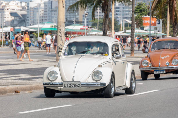Beetle car on Copacabana Beach in Rio de Janeiro, Brazil - June 20, 2021: Beetle passing by Avenida Atlantica in Copacabana neighborhood