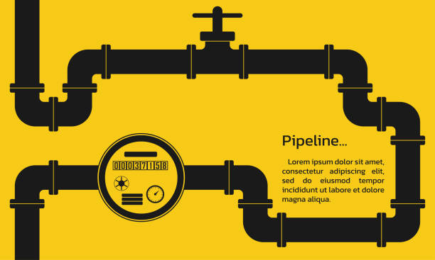 illustrazioni stock, clip art, cartoni animati e icone di tendenza di sfondo della pipeline. tubo dell'olio, dell'acqua o del gas con valvola, contatore o contatore. impianto idraulico con calibro. infografica aziendale industriale, edile o tecnologica. illustrazione vettoriale. - economize