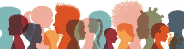 Vector illustration of Heads faces colored silhouettes multicultural and multiethnic diversity children in profile. Concept of study education and learning. Kindergarten or elementary school education. Banner