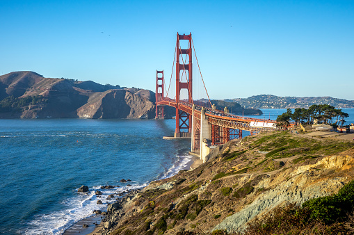 front view of Golden Gate Bridge from Presidio of San Francisco, California, USA