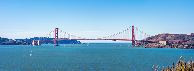 panoramic view of the golden gate bridge from San Francisco Bay, California, USA