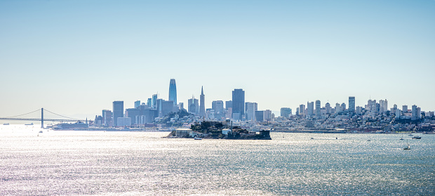 panoramic view of Alcatraz Island in front of the skyline of San Francisco, California, USA.
