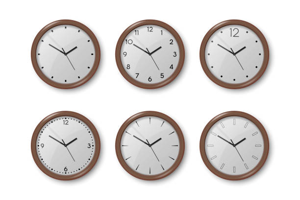 ilustrações, clipart, desenhos animados e ícones de vetor 3d realistic dark brown wood wall office clock icon set isolado em branco. discagem branca. modelo de design do close-up do relógio de parede. mock-up para branding and advertise. topo, vista frontal - clock wall clock face clock hand