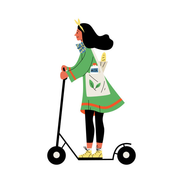 istock Woman riding kick scooter in city, flat cartoon vector illustration isolated. 1342882407