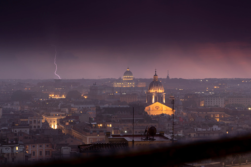 Rain storm at dusk in Rome, Italy.