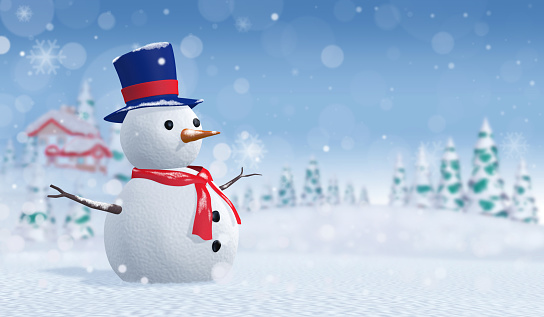 Snowman Lonely, outdoors in heavy snow. background has a house and the snowy Christmas tree.3d render.