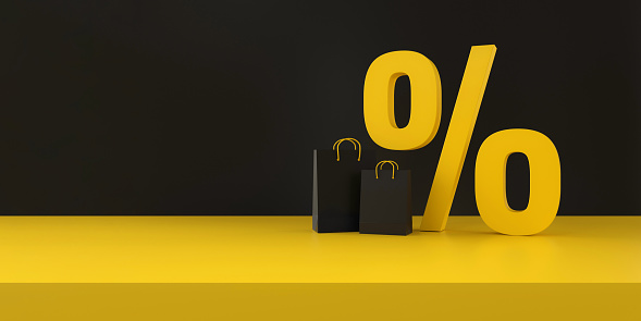 Percent discount symbol and Shopping bags on black and yellow studio background. Black friday discounts. 3d rendering.