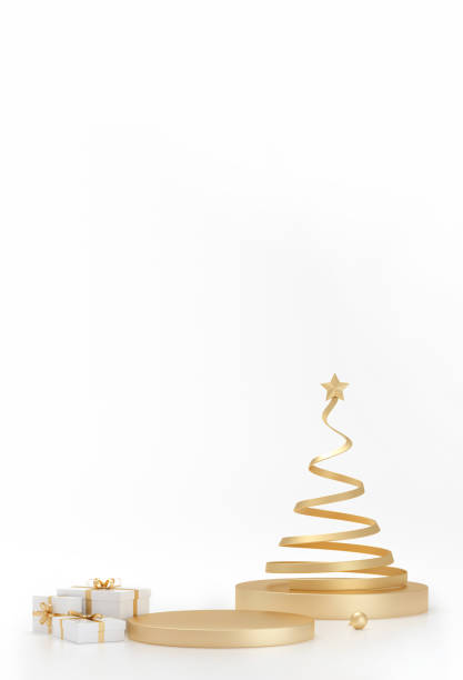 istock Christmas spiral tree and gifts around on winter white studio background. 1342915033