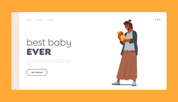 koncepcja opieki matki dla szablonu strony docelowej. młoda afrykańska postać kobieca trzymająca nowonarodzone dziecko na rękach, kobieta dziecko - baby mother nursery african ethnicity stock illustrations