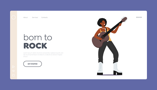 Girl Artist Guitar Player Landing Page Template. African Female Character Playing Acoustic Guitar Performing Rock or Country. Musician Singing and Playing Fun Melody. Cartoon Vector Illustration
