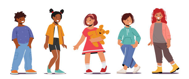 Smiling Kids, Multiracial Boys and Girls Toddlers Characters Wear Fashionable Clothes. Children Smile, Positive Emotions Smiling Kids, Multiracial Boys and Girls Toddlers Characters Wearing Fashionable Clothes. Children Smile, Positive Emotions, Friendship Isolated on White Background. Cartoon People Vector Illustration junior high age stock illustrations