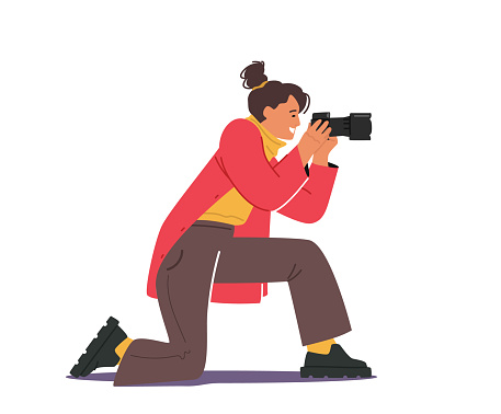 Female Photographer or Tourist with Photo Camera Making Picture. Creative Hobby, Woman Traveling, Paparazzi Character with Professional Equipment Waiting Moment for Shoot. Cartoon Vector Illustration