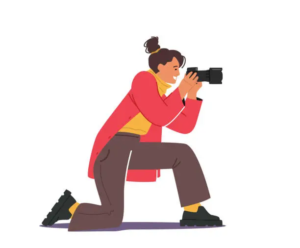 Vector illustration of Female Photographer or Tourist with Photo Camera Making Picture. Creative Hobby, Woman Traveling, Paparazzi Shoot